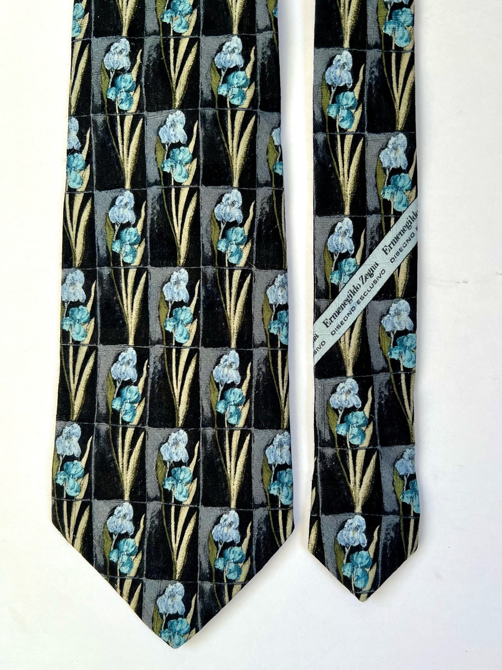 Vintage Ermenegildo Zegna Black Silk Tie with Blue Floral Motif